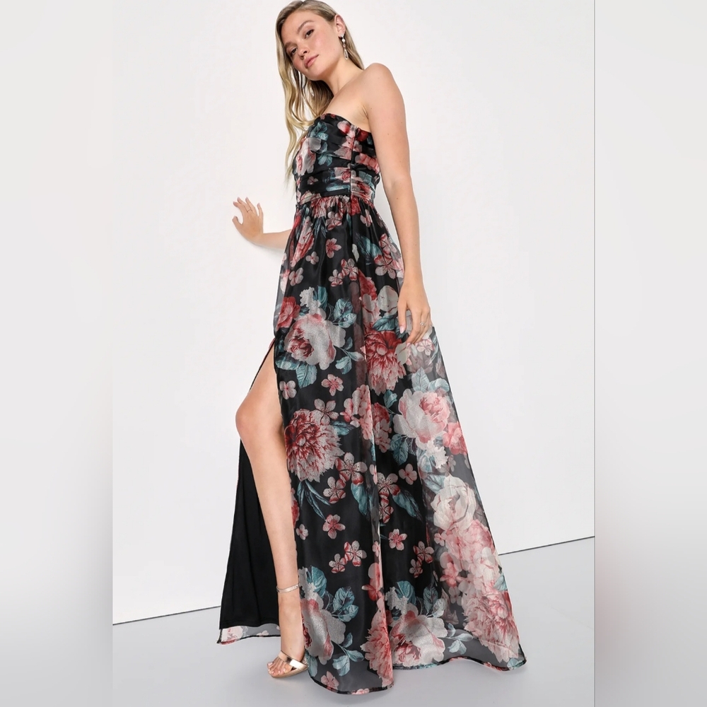 Lulus | Bringing the Charm Black Floral Organza Gown | Size XL - Picture 5 of 6